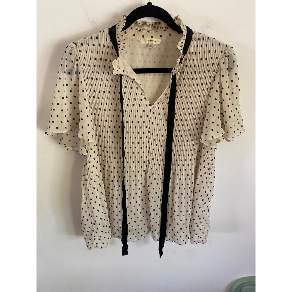 Max Studio Womens Pleated Polka Dot Blouse Cream Black Tie Neck Flutter Sleeve M